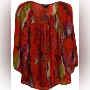 🥭Anne Klein Red Multi Color Sheer Long Sleeves Scoop Neck Blouse Size M